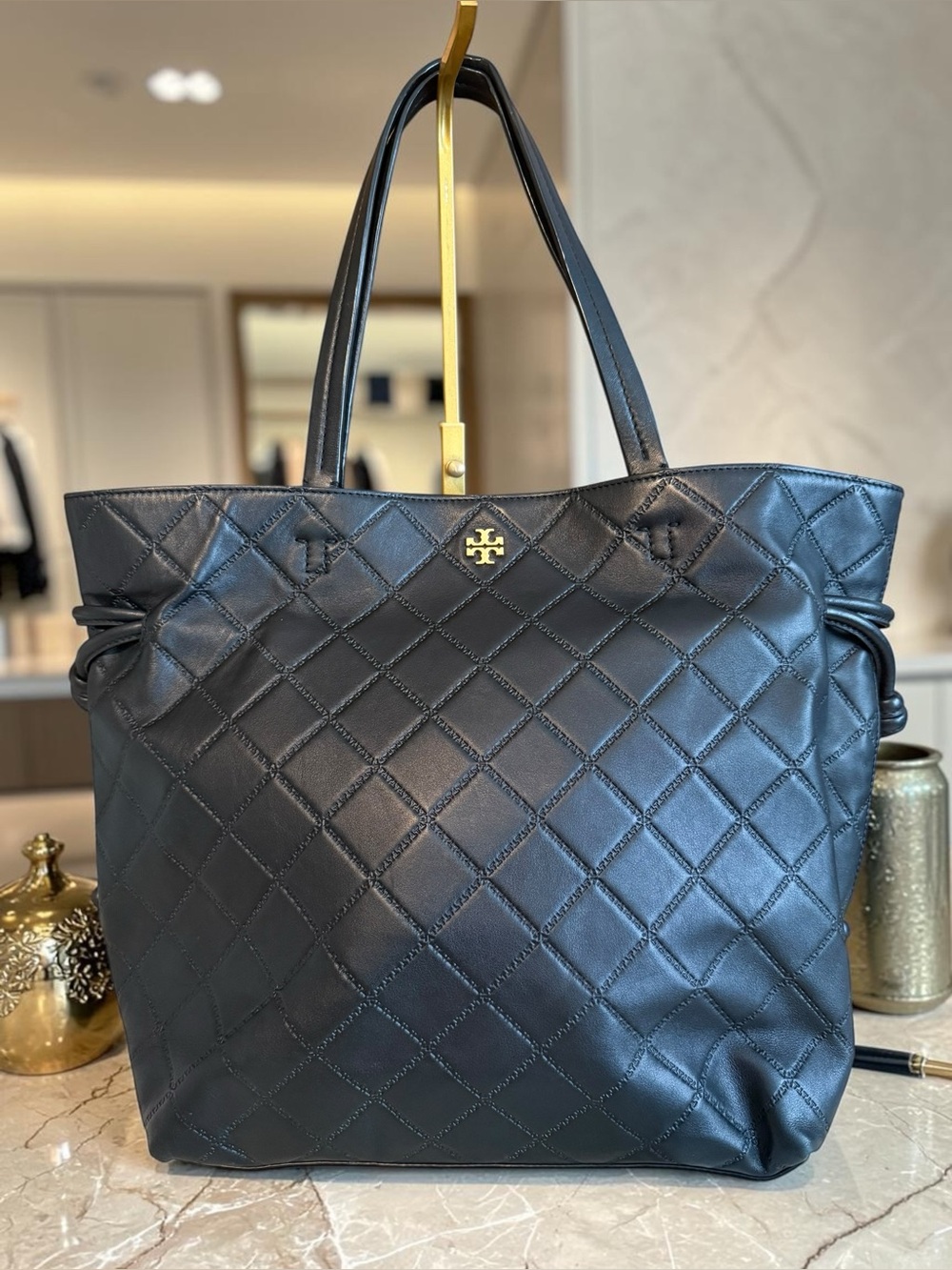Tory Burch Black Quilted Leather Tote with Gold Logo